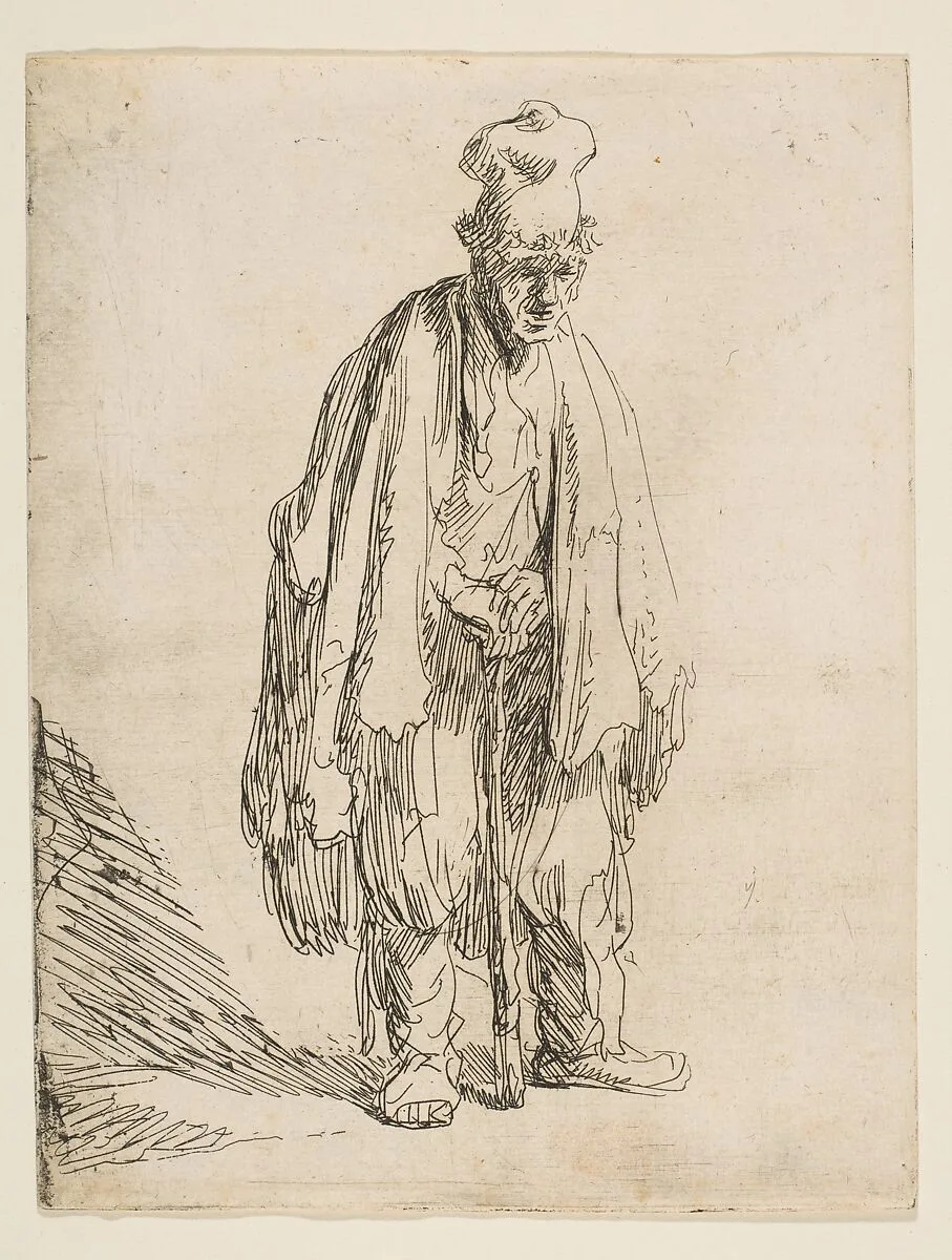 Beggar in a High Cap, Standing and Leaning on a Stick — Rembrandt (Rembrandt van Rijn)