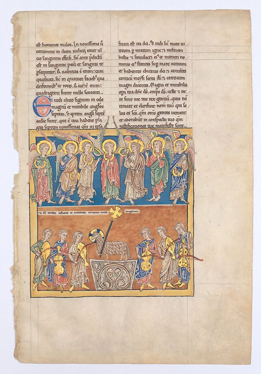 Leaf from a Beatus Manuscript: Seven Angels Hold the Cups of the Seven Last Plagues; The Hymn of the Lamb — Unknown
