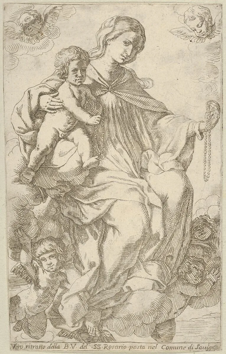 The Virgin in the clouds holding a rosary in her left hand and embracing the infant Christ, who also holds a rosary, angels surrounding them — Lorenzo Loli|Giovanni Andrea Sirani