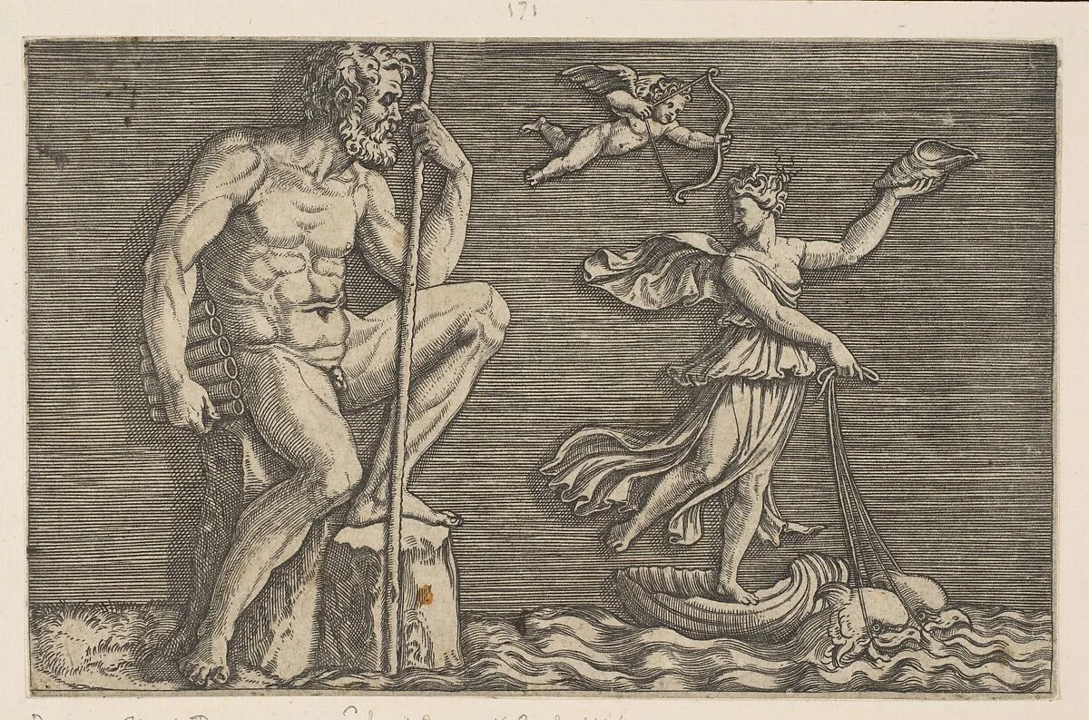 Galatea escaping Polyphemus; he is seated on a rock holding a staff and pipes and looking towards Galatea at right riding a shell pulled by two dolphins, Cupid flying above — Marco Dente