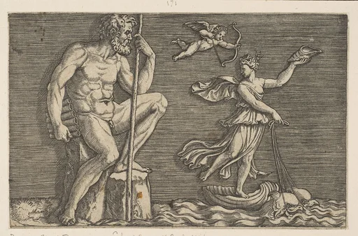 Galatea escaping Polyphemus; he is seated on a rock holding a staff and pipes and looking towards Galatea at right riding a shell pulled by two dolphins, Cupid flying above