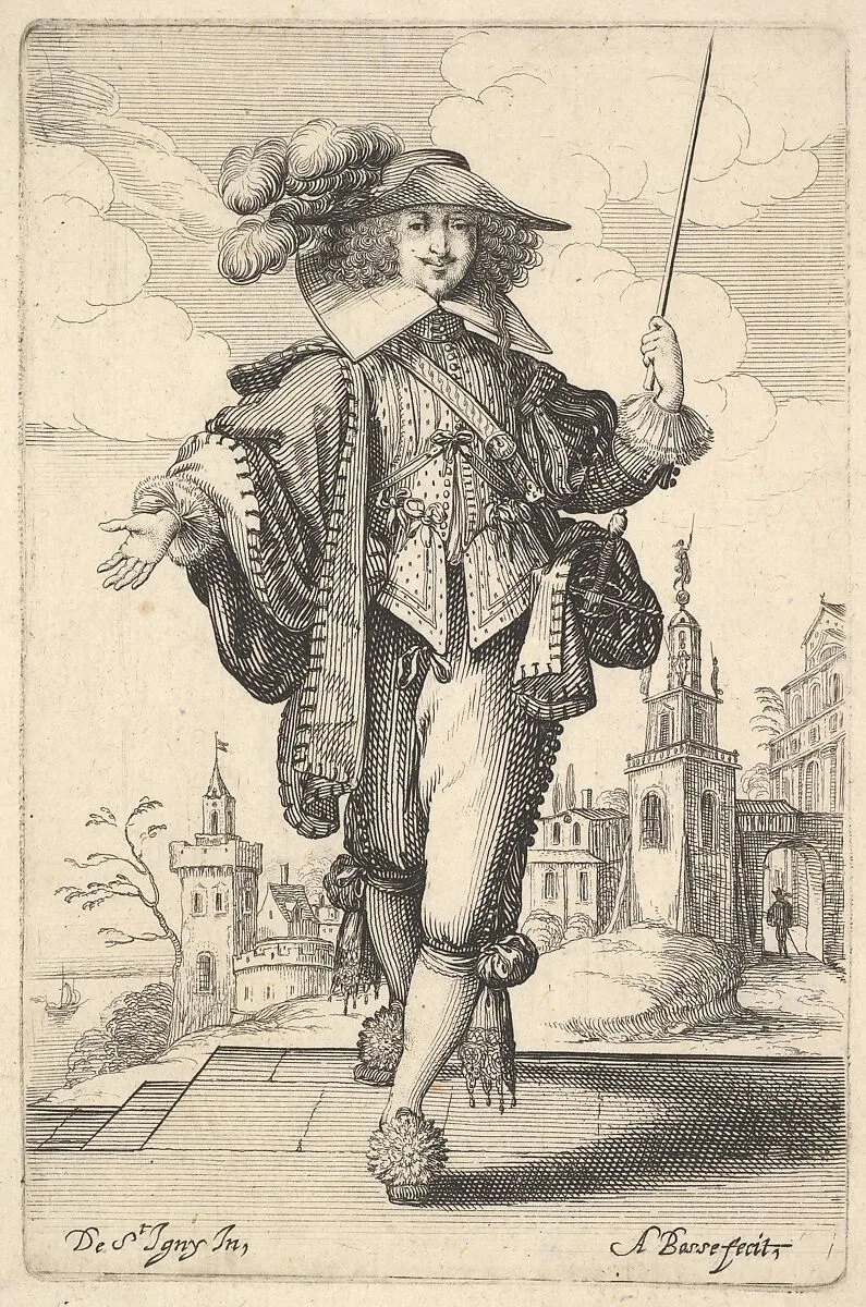 A gentleman walking forward, with his right arm outstretched and a whip in his left hand, wearing a plumed hat and decorated shoes, from "The Garden of the French Nobles In Which One Can Pick Up Their Way of Dressing" — Abraham Bosse|Jean de Saint-Igny