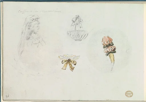Four Costume Design Sketches of a Woman, a Basket, a Collar, and a Sleeve