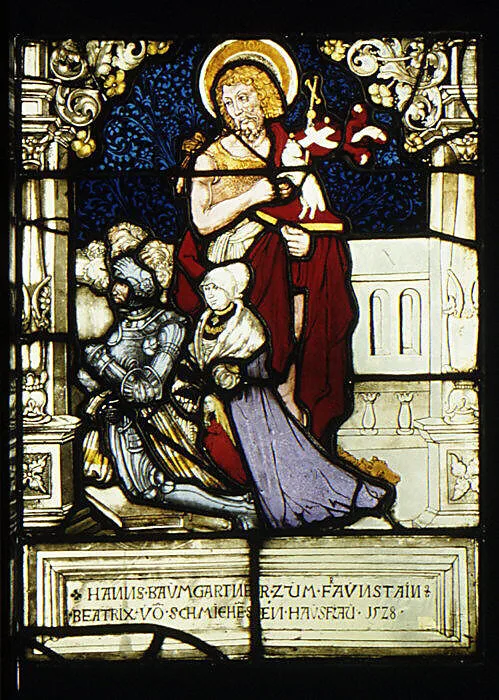 St. John the Baptist standing behind donor, Hanns Baumgartner, and his family (one of a pair) — Hans Wertinger