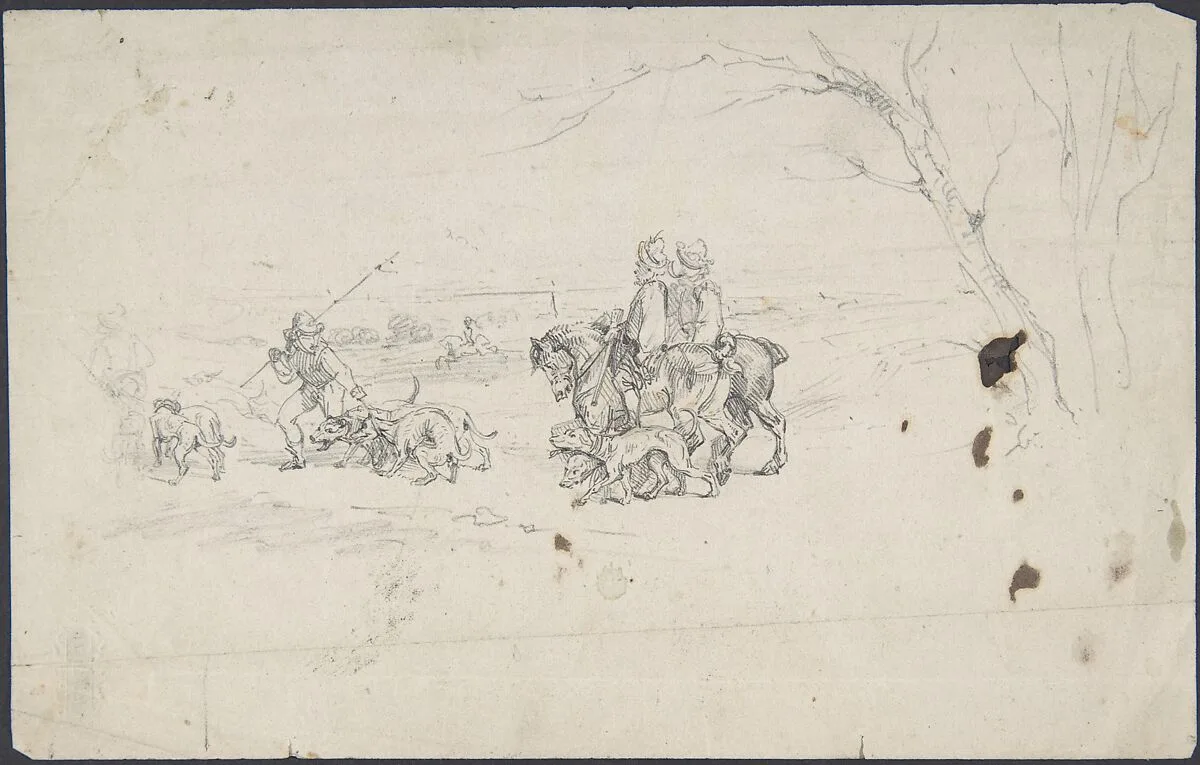 Sketch of horsemen with dogs — Anonymous, German, 19th century