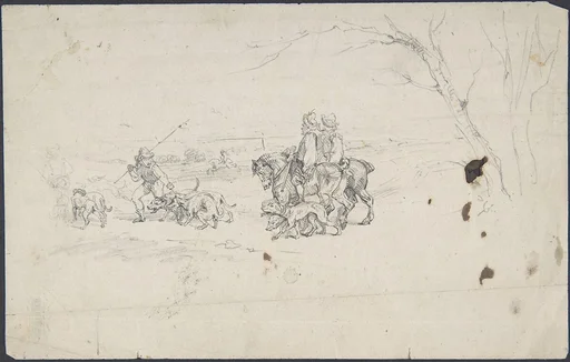Sketch of horsemen with dogs
