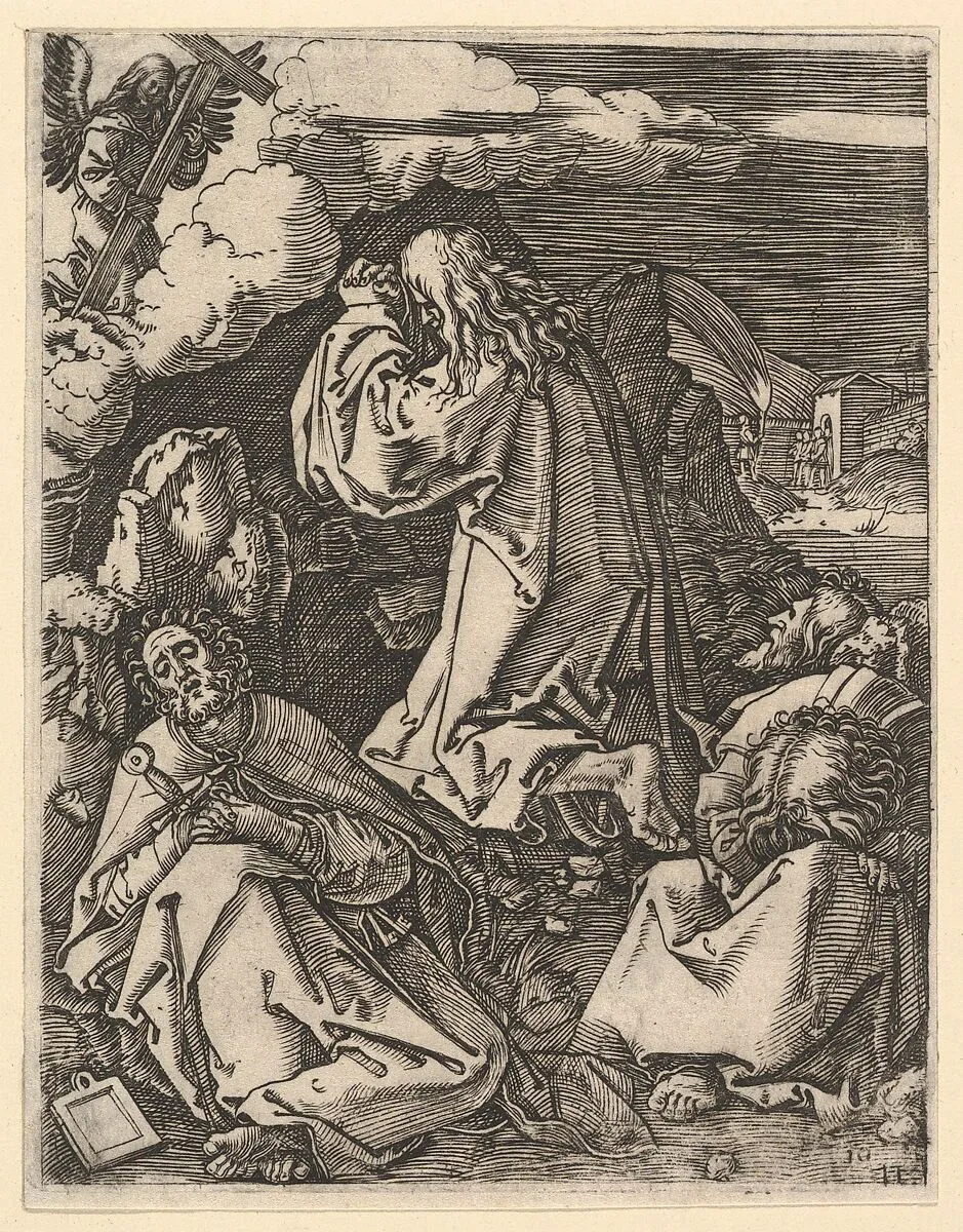 Christ praying on Mount of Olives; Roman soldiers entering through garden gate in far background, after Dürer — Marcantonio Raimondi|Albrecht Dürer