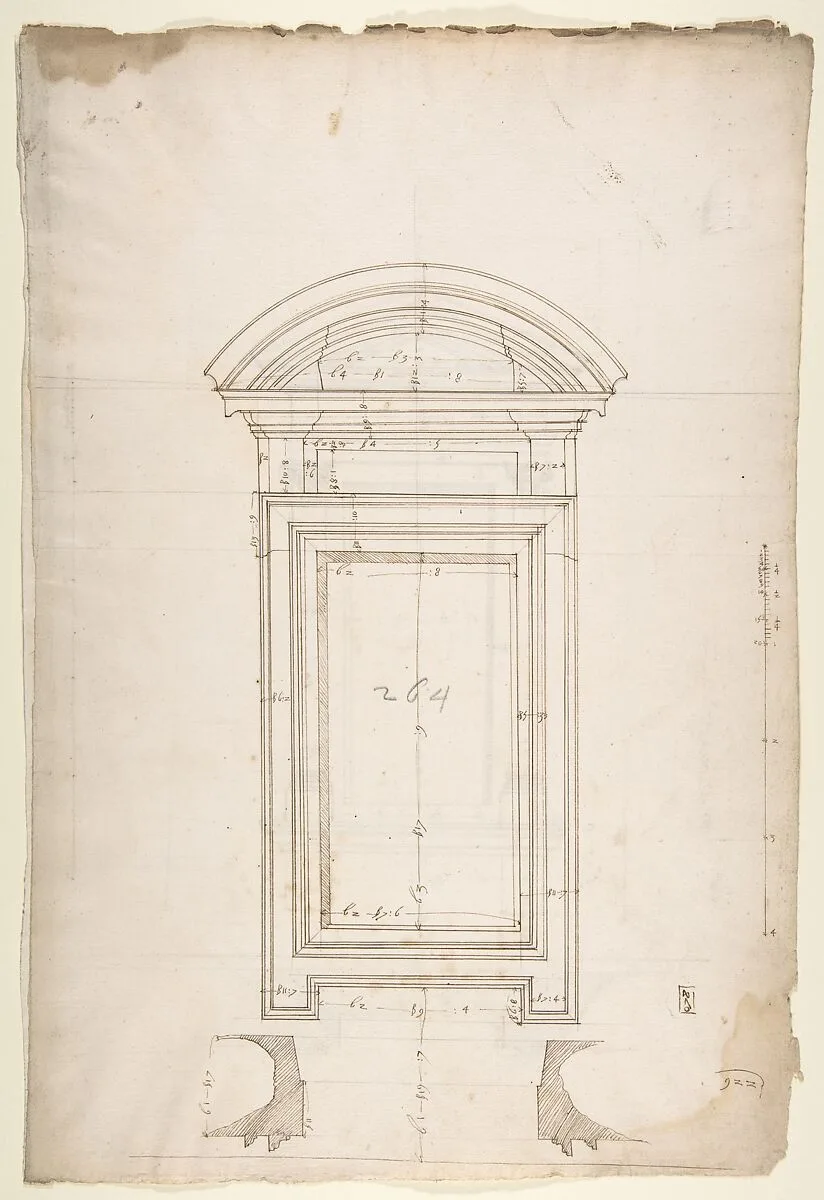 San Lorenzo, New Sacristy, window, plan; elevation (recto) San Lorenzo, New Sacristy, window, plan; elevation (verso) — Anonymous, French, 16th century