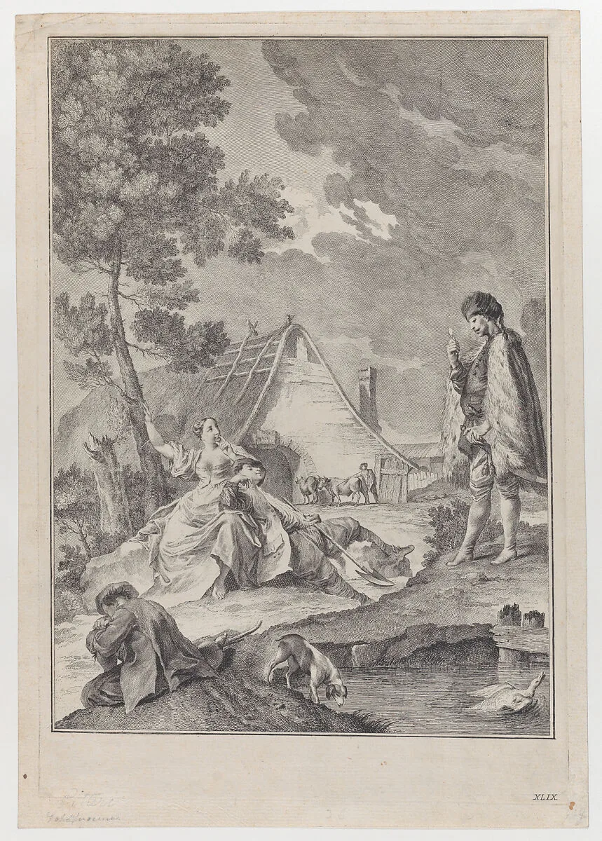 Plate XLIX: Pastoral scene with peasants napping, one resting on a woman under a tree, a soldier approaches at right; from 'Studi di pittura gia dissegnati da Giambatista Piazzetta' after Giovanni Battista Piazzetta — Giovanni Battista Piazzetta|Giuliano Giampiccoli