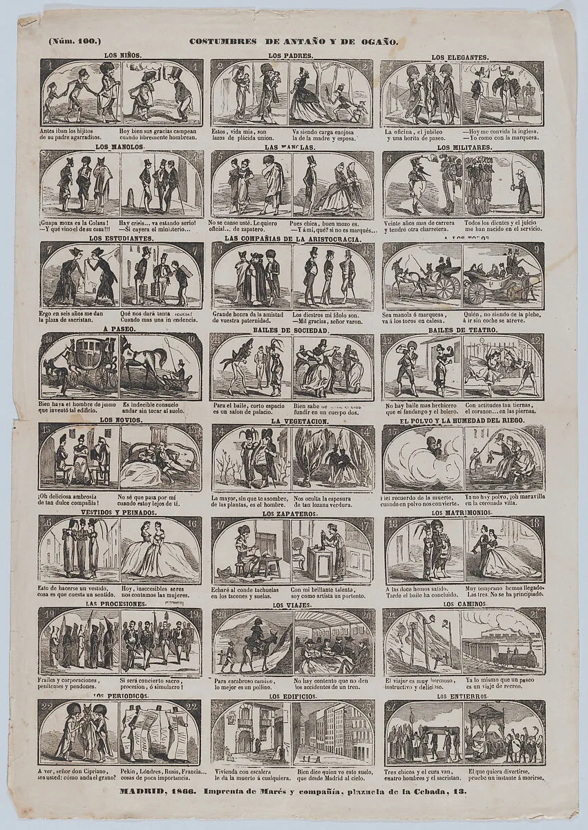Broadside with 48 (24 pairs) scenes contrasting Spanish customs past and present — José María Marés