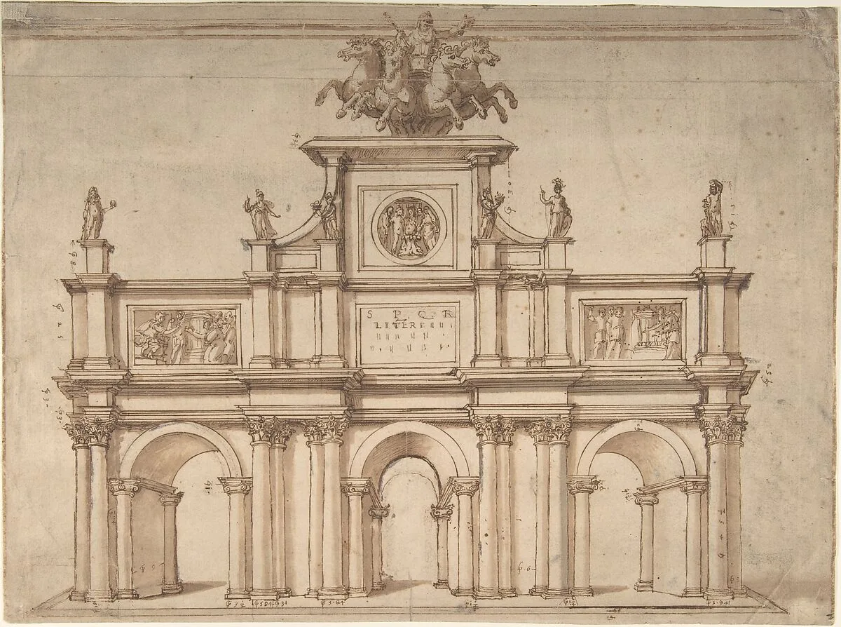 Design for a Triumphal Arch with Three Arches — Anonymous, Italian, 16th century