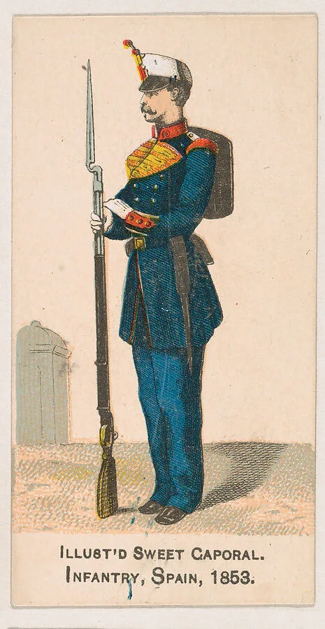 Infantry, Spain, 1853, from the Military Series (N224) issued by Kinney Tobacco Company to promote Sweet Caporal Cigarettes — Kinney Brothers Tobacco Company