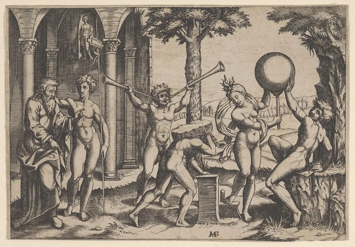 A man with two trumpets in the centre flanked by other figures including an old and a young man at left — Marcantonio Raimondi|Anonymous