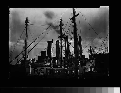 [Port Scene of Ships' Masts, Rigging, and Factory Smokestacks, New York City]