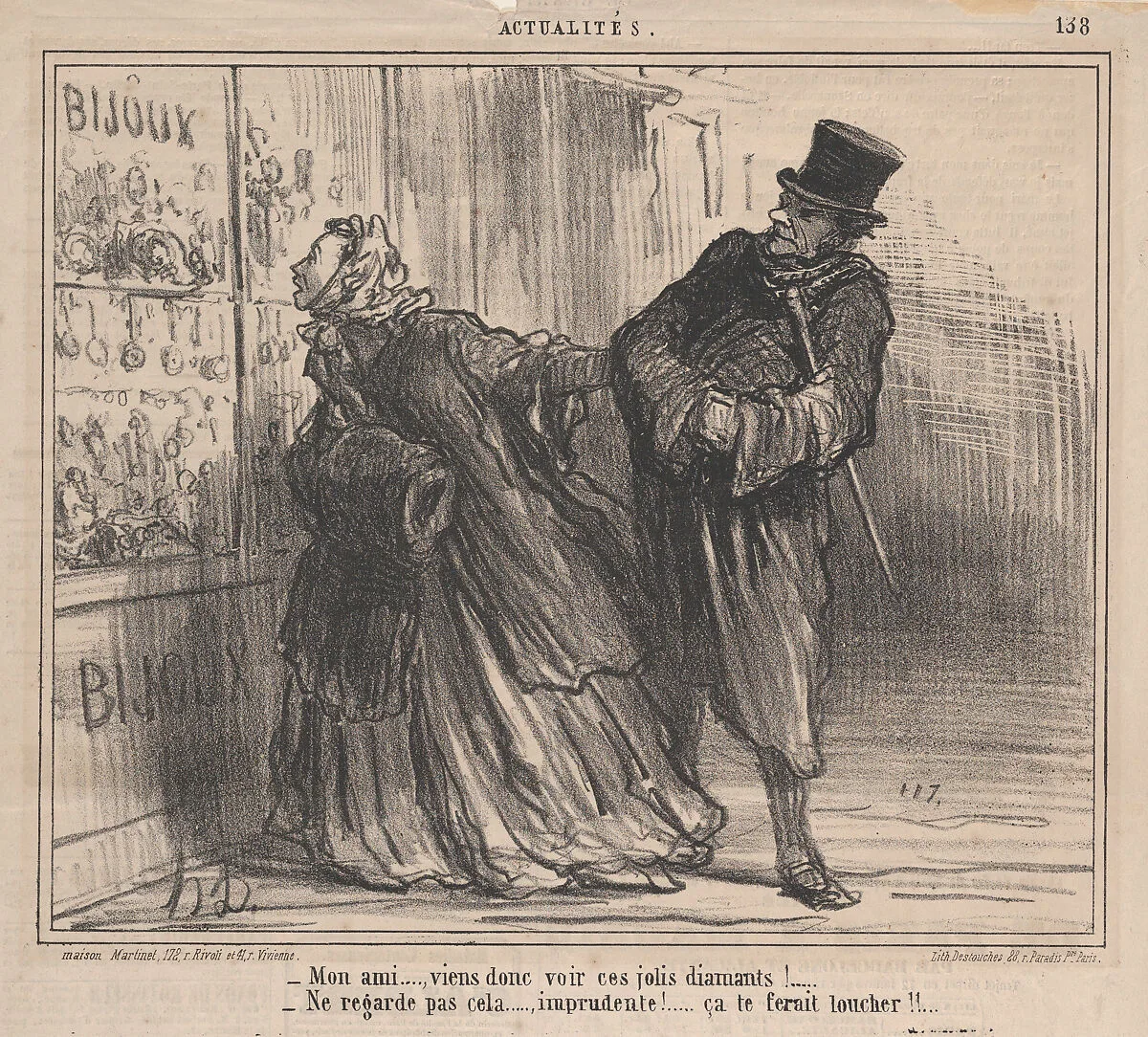 My dear, come and have a look at these beautiful diamonds!, from 'News of the Day,' published in Le Charivari, January 20, 1860 — Destouches|Aaron Martinet|Honoré Daumier