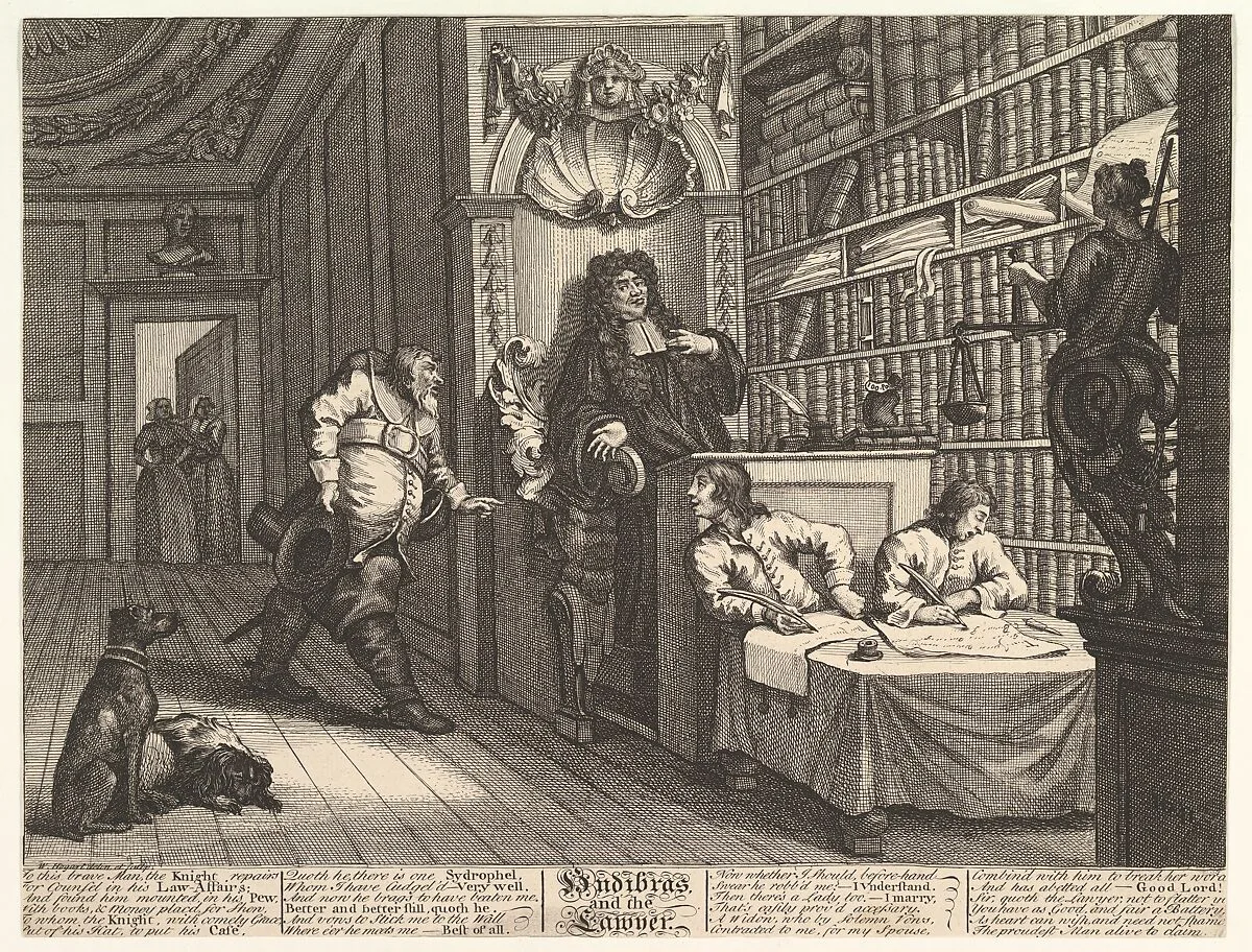 Hudibras and the Lawyer (Twelve Large Illustrations for Samuel Butler's Hudibras, Plate 12) — Philip Overton|John Cooper|William Hogarth|Samuel Butler