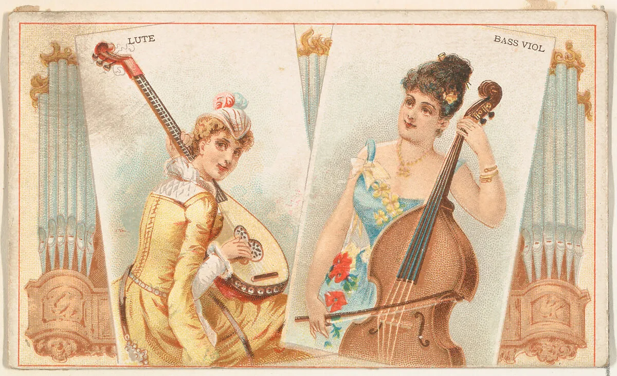 Lute and Bass Viol, from the Musical Instruments series (N121) issued by Duke Sons & Co. to promote Honest Long Cut Tobacco — W. Duke, Sons & Co.|Schumacher & Ettlinger