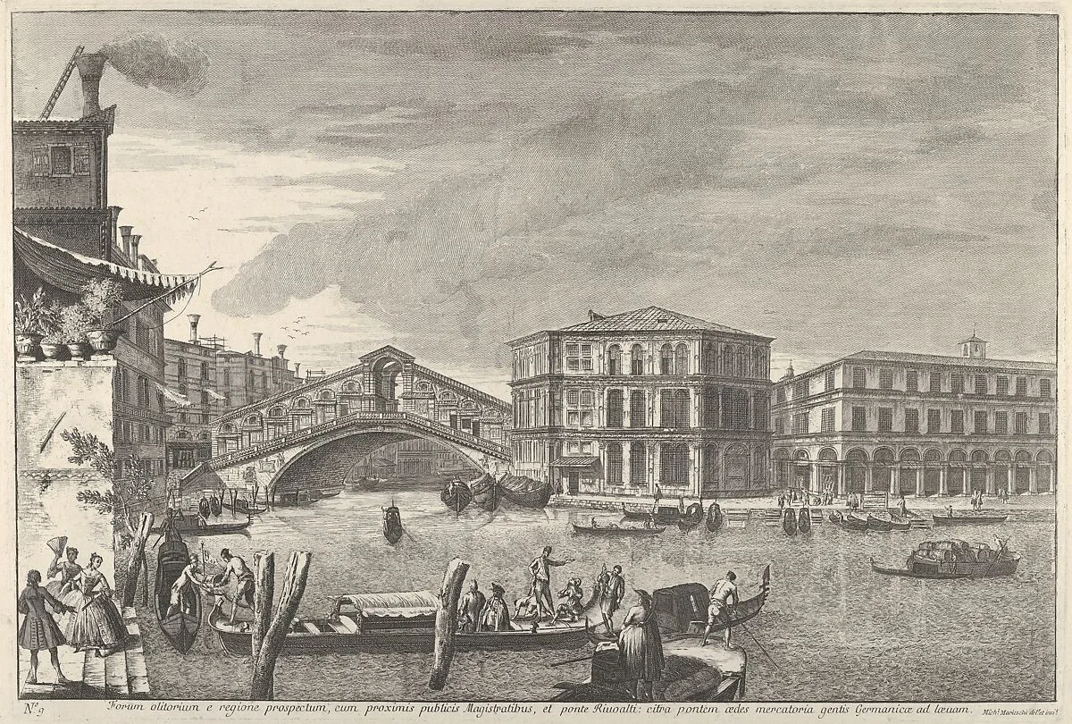 Plate 9: the bridge and market of the Rialto, Venice, from 'Views of Venice' (Magnificentiores Selectioresque Urbis Venetiarum Prospectus) — Michele Marieschi