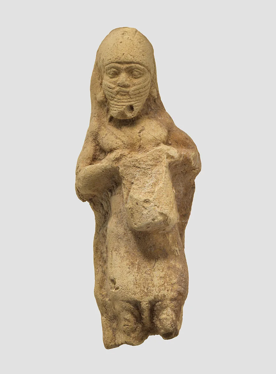 Figurine plaque: bearded man playing a drum — Unknown