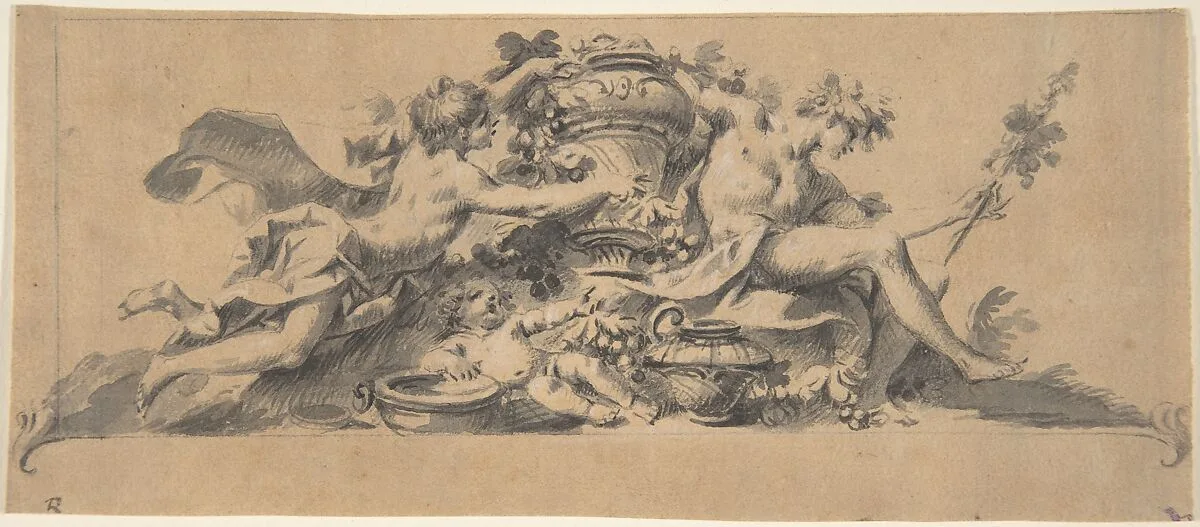 Design for a Vignette (?) with Two Figures flanking a Vase — Giovanni Larciani ("Master of the Kress Landscapes")