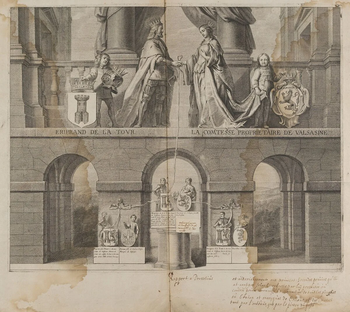 Proof impression with Corrections and Instructions of a Print celebrating the Union and Lineage of Eriprand de la Tour with the Comtesse de Valsasine — Anonymous, French, 17th century