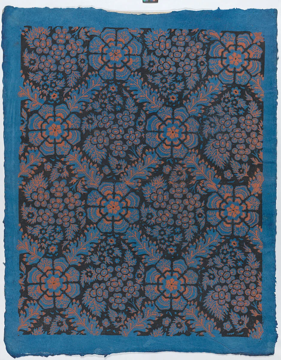 Sheet with overall floral pattern on blue background — Remondini Family|Anonymous