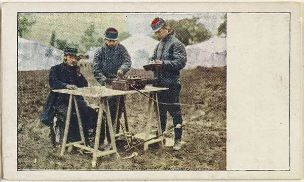 Card No. 48, Field Telegraph Outfit Communicating with Brigade Division of French Army, from the World War I Scenes series (T121) issued by Sweet Caporal Cigarettes — American Tobacco Company|Underwood & Underwood