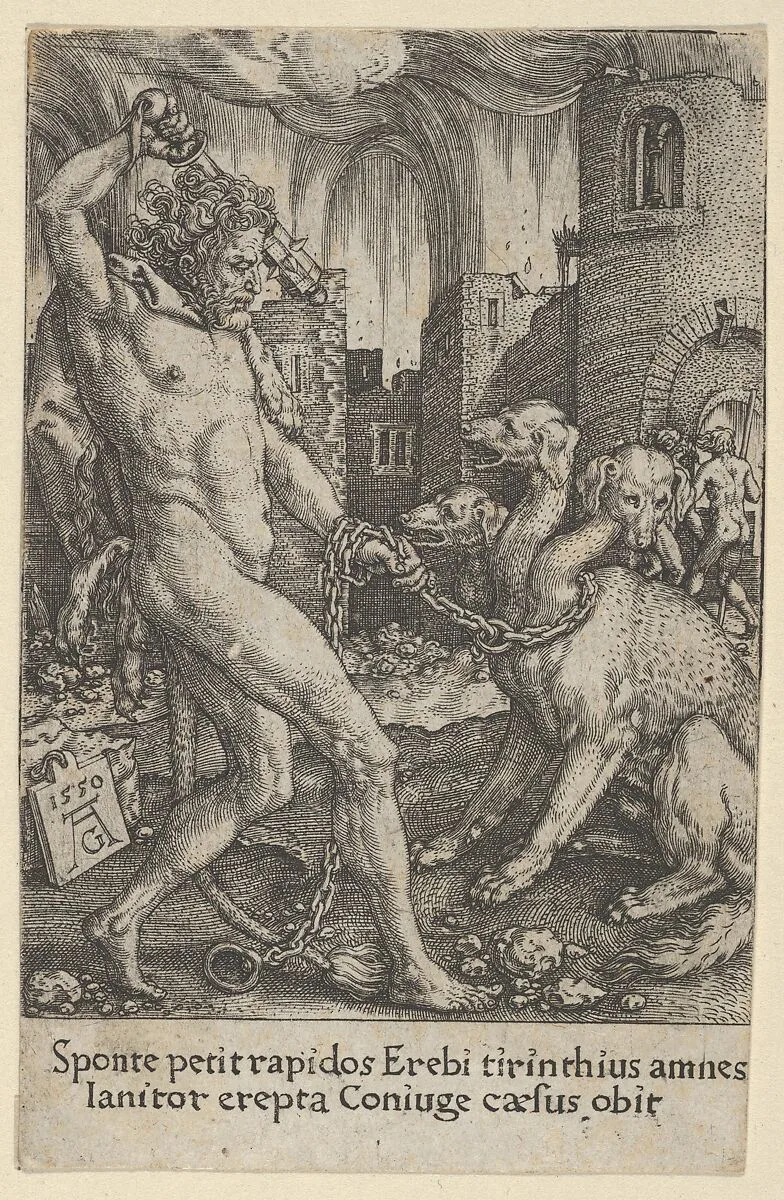 Hercules and Cerberus, from "The Labors of Hercules" — Heinrich Aldegrever