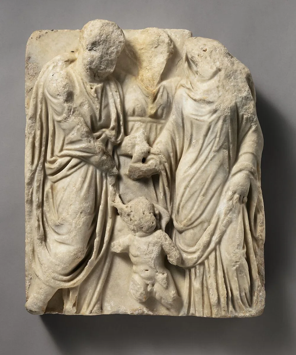 Marble sarcophagus fragment: marriage scene — Unknown
