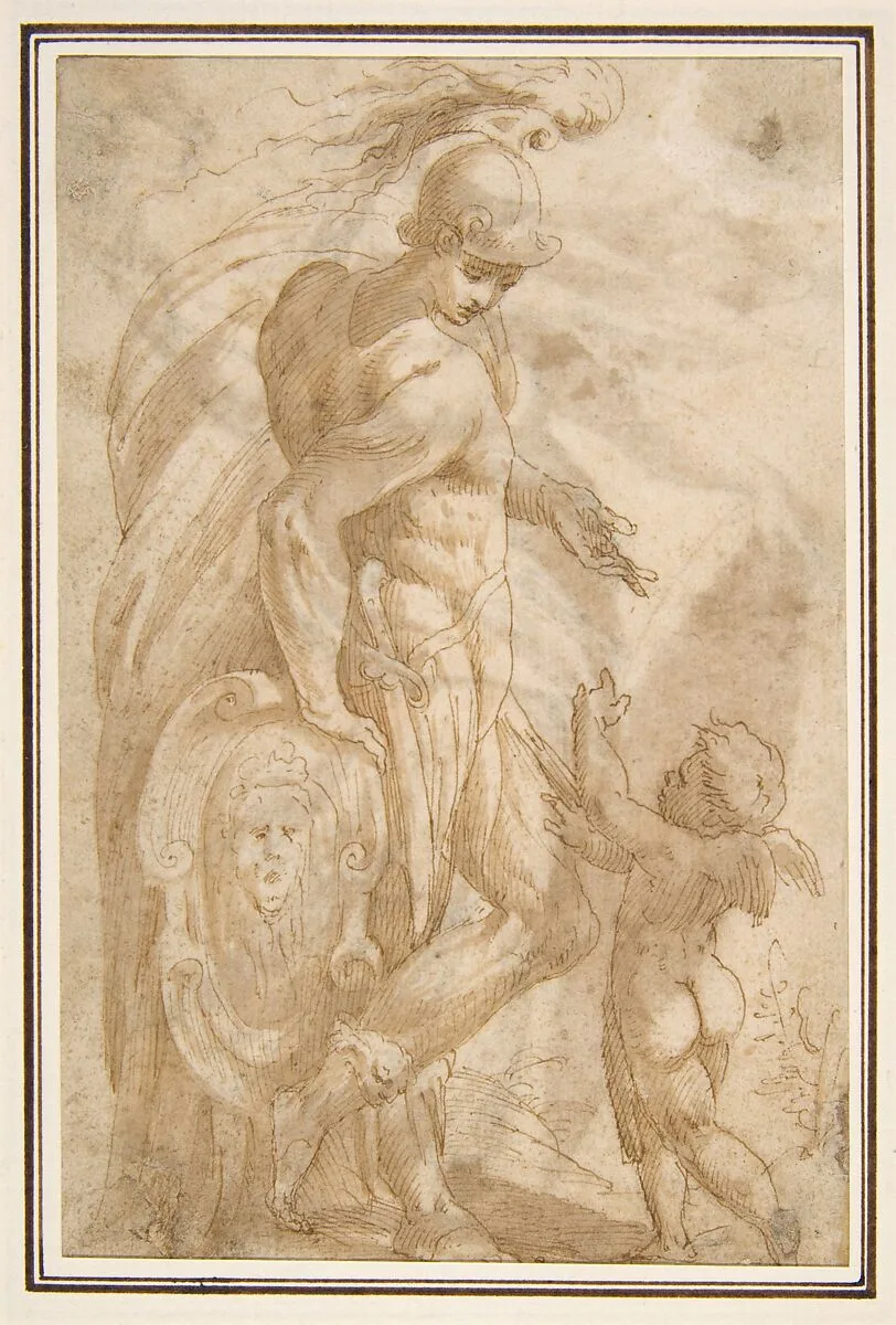 Mars and Cupid (recto); Female Standing Figure with a Helmet and a Shield (Bellona?) (verso) — Andrea Schiavone (Andrea Meldola)
