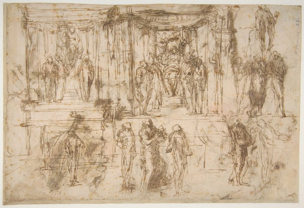Studies for an Altarpiece with the Virgin Enthroned, Attended by Four Saints (recto); Various Figure Studies, Some Possibly for a Deposition of Christ (verso) — Polidoro da Caravaggio