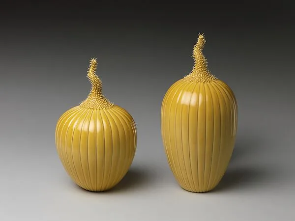 美國 李鍵 (1951年生於奧地利) 黃釉刺瓜一對 (約2008年作)|Pair of Prickly Melons — Cliff Lee