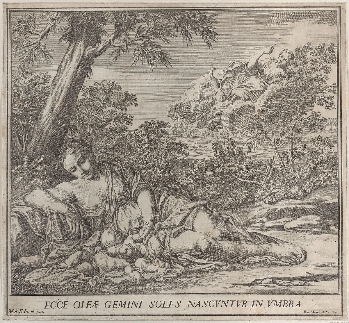 Latona and her sleeping twins, Apollo and Diana, within a landscape — Marcantonio Franceschini|Francesco Antonio Meloni