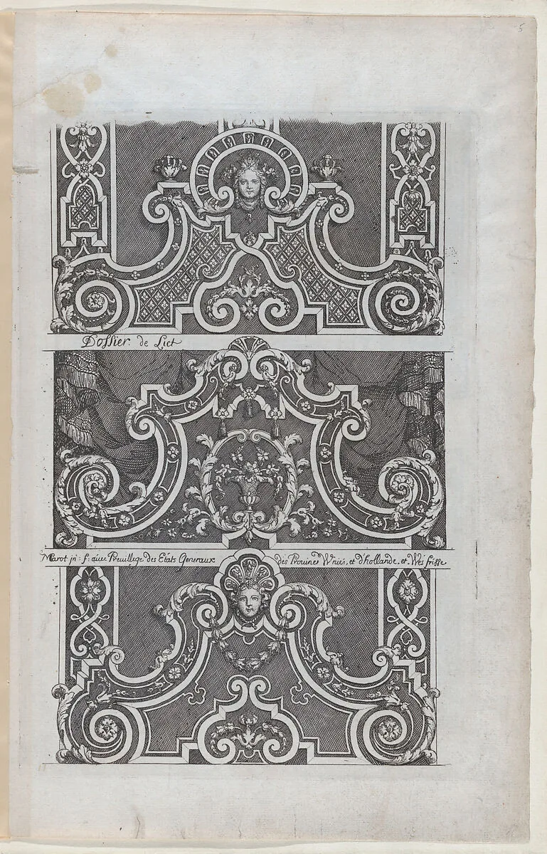 Three Designs for Embroidered Headboards, from Nouveaux Liure da Partements, part of Œuvres du Sr. D. Marot — Daniel Marot the Elder|Pierre Husson