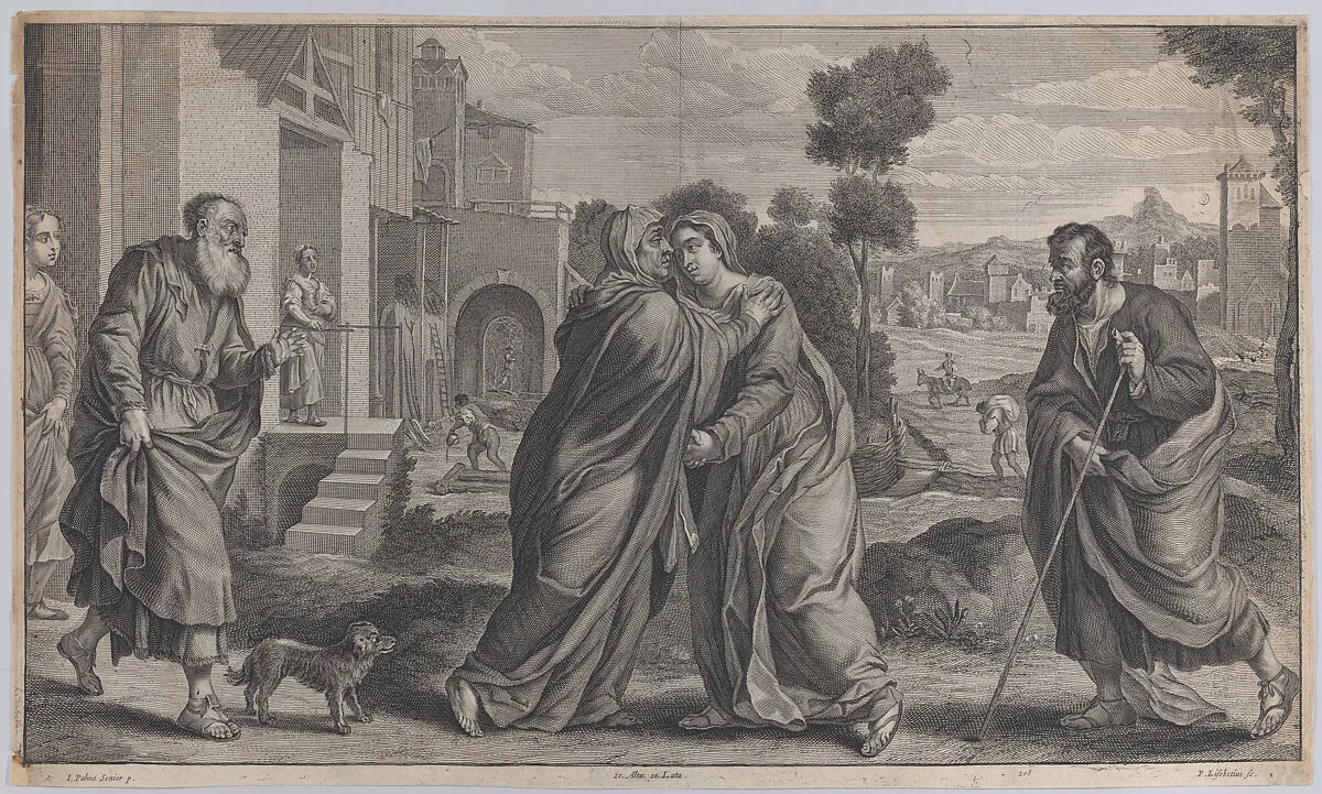 Visitation; Saint Elizabeth embracing the Virgin at center as Saint Joseph walks toward them on the right and Zacharias greets them on the left; from 'Theatrum Pictorium', after Palma Il Vecchio — David Teniers the Younger|Peeter van Lisebetten|Palma Il Vecchio
