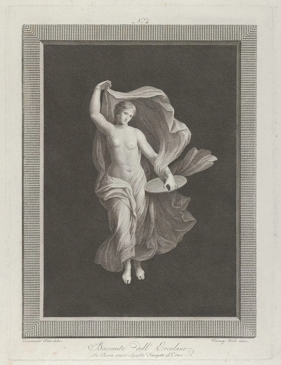 A partly nude bacchante holding a disk in her left hand and raising her garments with right — Vicenzo Feoli|Domenico del Frate|Agapito Franzetti