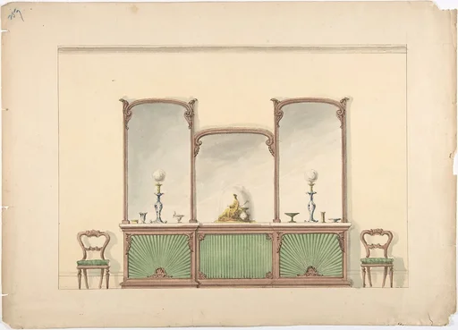 Design for a Mirrored Three Sectioned Marble-topped Cabinet and Two Chairs