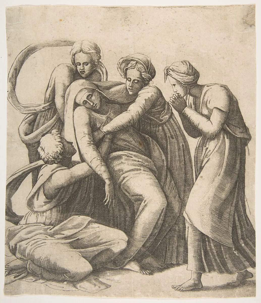 The Virgin fainting and being supported in the arms of the holy women — Giulio Bonasone|Raphael (Raffaello Sanzio or Santi)