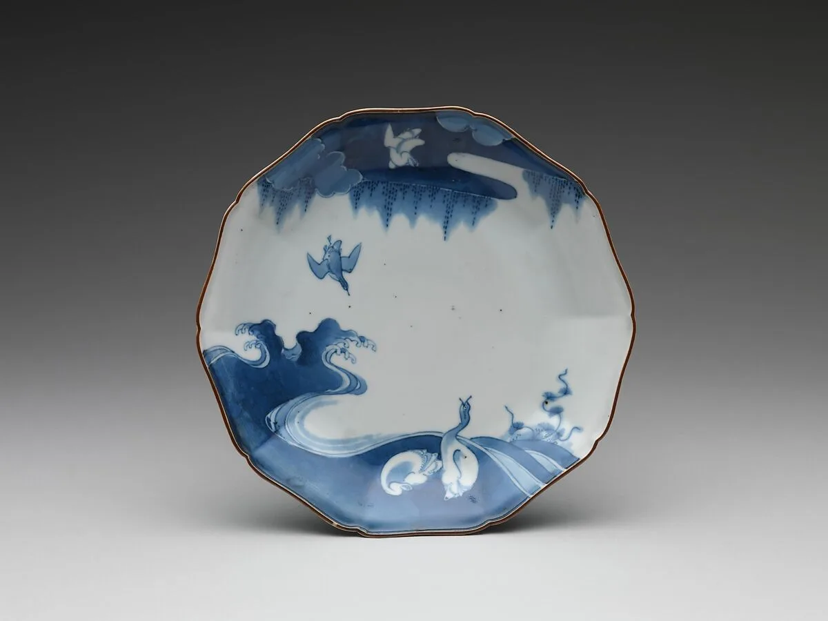 雁に波文皿 肥前焼・ 柿右衛門様式|Plate with Geese and Waves — Unknown
