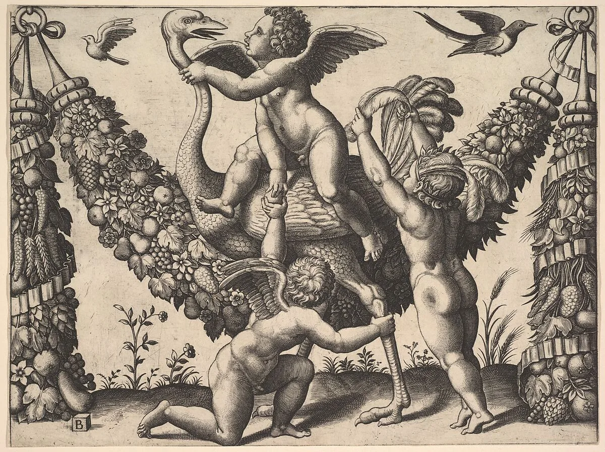 Three putti before a large garland, the one in the middle rides an ostrich, from a series of tapestries made for Leo X — Raphael (Raffaello Sanzio or Santi)|Master of the Die|Giovanni da Udine (Giovanni dei Ricamatori)
