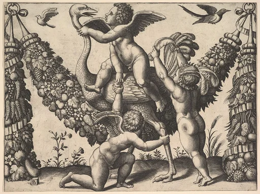 Three putti before a large garland, the one in the middle rides an ostrich, from a series of tapestries made for Leo X