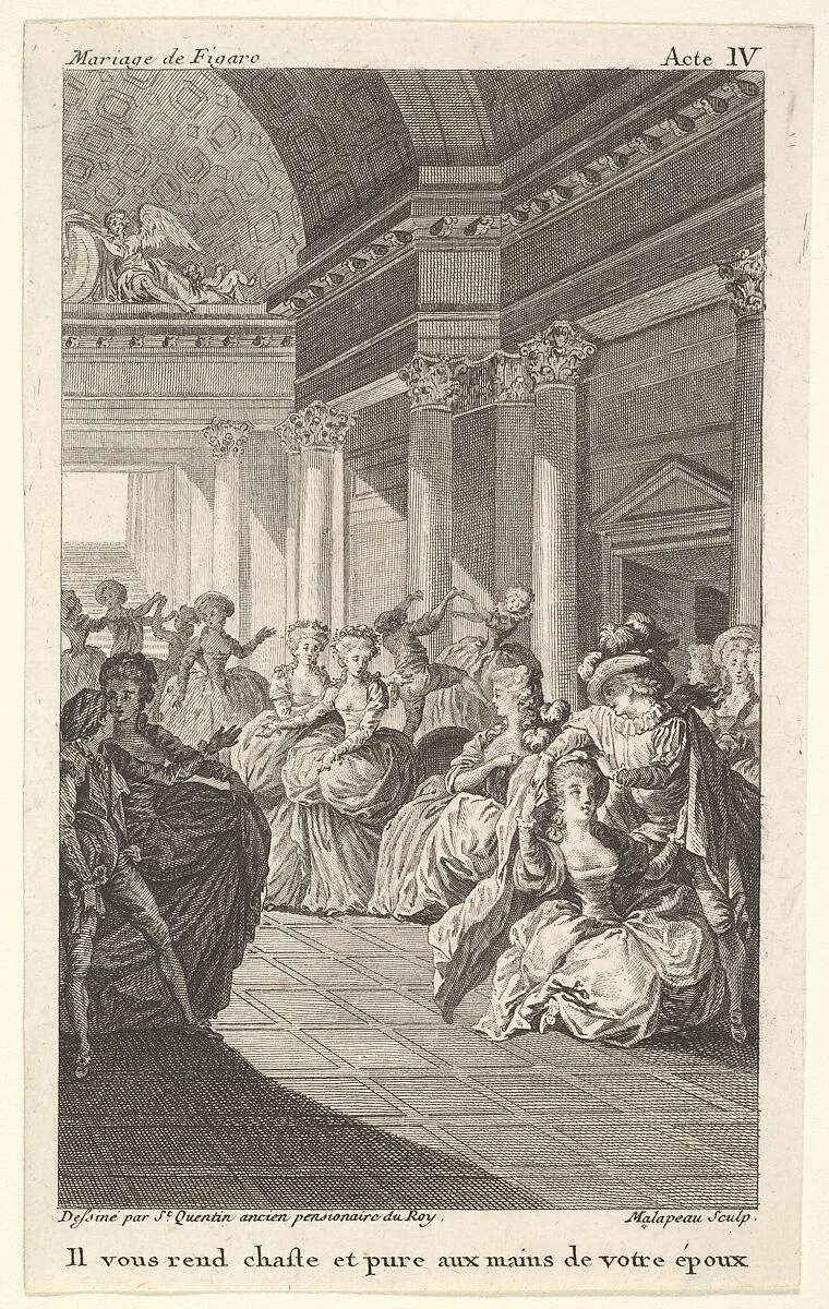 Dancing couples surround four standing women in a barrel-vaulted hall, from a series of five illustrations after Jacques Philippe Joseph de Saint-Quentin for 'The mad day, or the marriage of Figaro' (La Folle journée, ou le mariage de Figaro) by Pierre Augustin Caron de Beaumarchais — Jacques Philippe Joseph de Saint Quentin|Claude Nicolas Malapeau