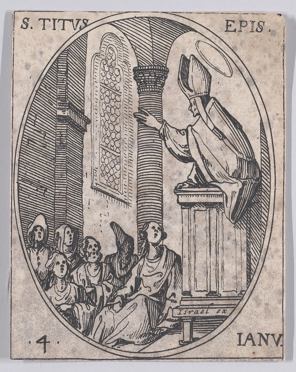 S. Tite, évêque (St. Titus, Bishop), January 4th, from "Les Images De Tous Les Saincts et Saintes de L'Année" (Images of All of the Saints and Feast Days of the Year) — Jacques Callot|Israël Henriet