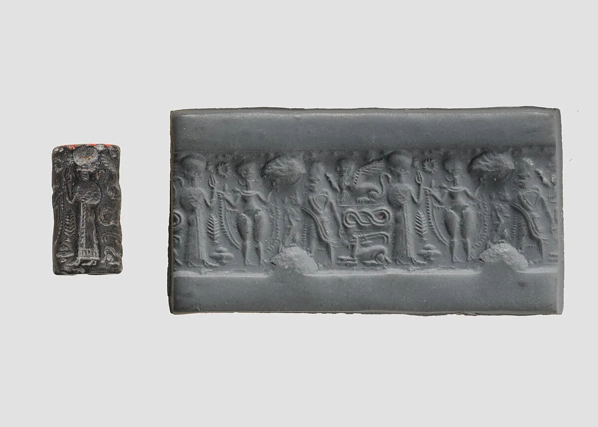 Cylinder seal and modern impression: nude goddess faces a male figure; worshiper — Unknown