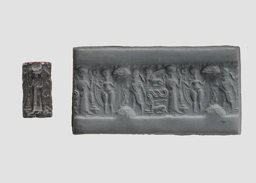 Cylinder seal and modern impression: nude goddess faces a male figure; worshiper