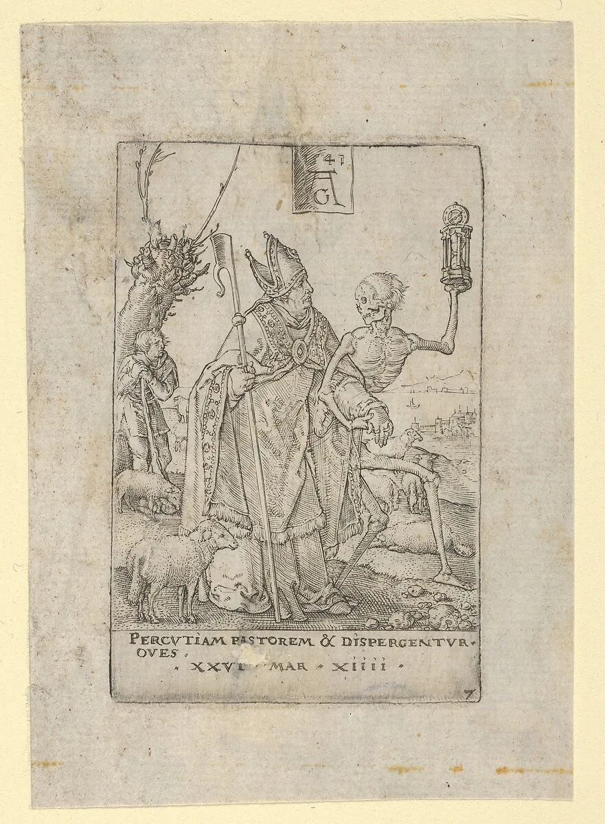 Death and the Bishop, from "The Power of Death" (Allegory of Original Sin and Death) — Heinrich Aldegrever|Hans Holbein the Younger