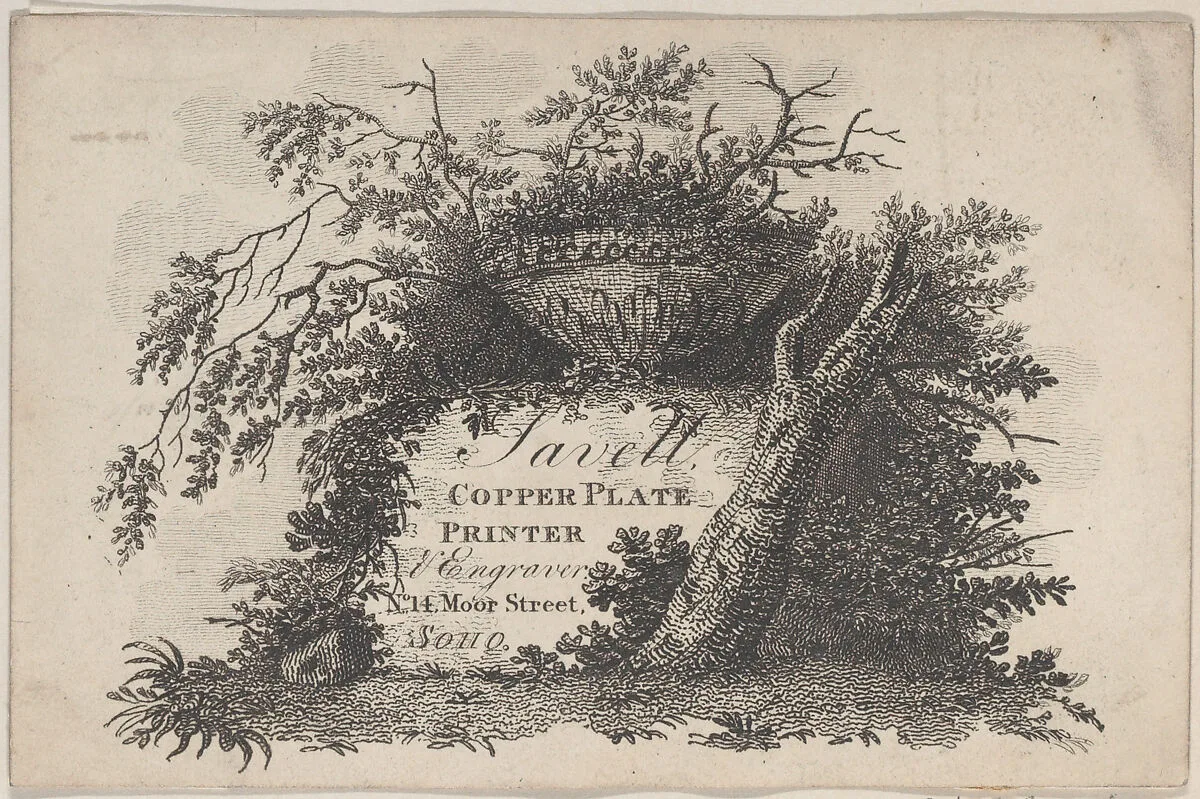 Trade Card for Savell, Copper Plate Printer — Anonymous, British, 18th century