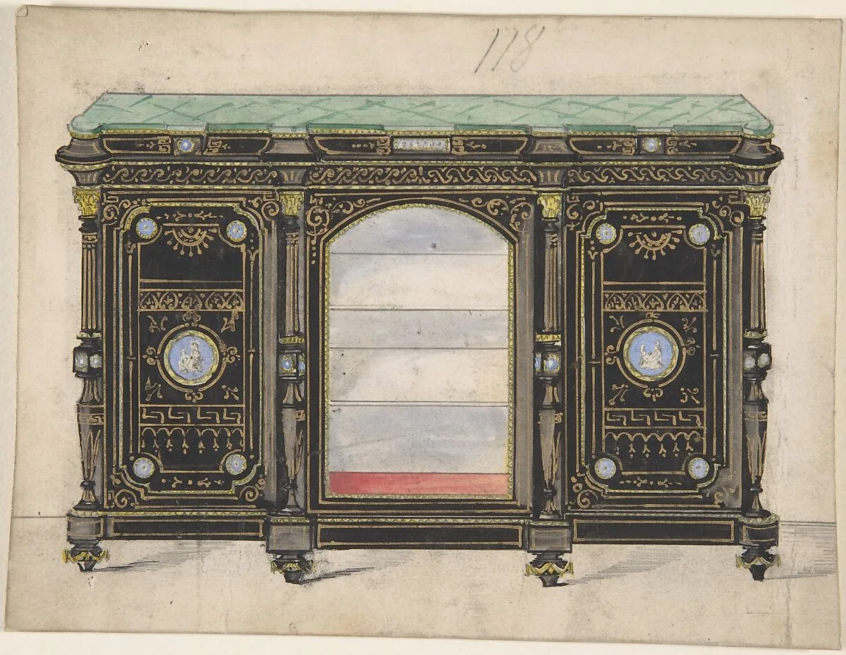 Cabinet Design with Glass Front, its Doors Adorned with Porcelain Plaques, with a Green Top — Anonymous, British, 19th century