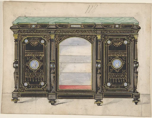 Cabinet Design with Glass Front, its Doors Adorned with Porcelain Plaques, with a Green Top