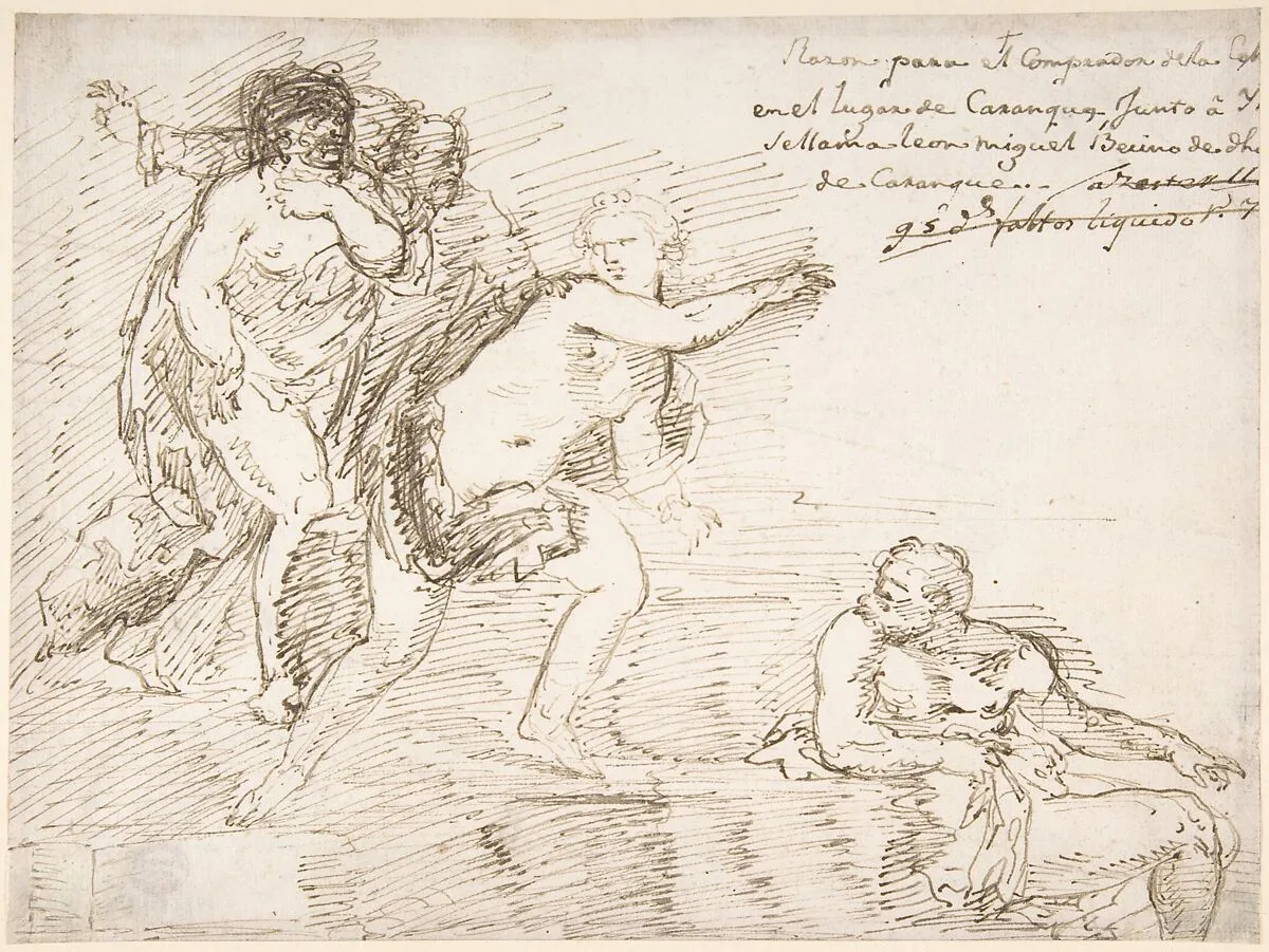 Unidentified Subject with Male Nudes at Left and Right, with a Female Nude at Center — Anonymous, Spanish, 17th century